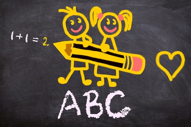 Na szkolnej tablicy narysowana para dzieci trzymająca ołówek i rozwiązująca równanie. Pod nimi są literki ABC.