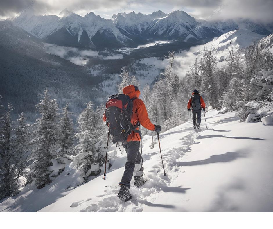 mężczyzna w czerwonej kurtce i plecakiem wędruje po górach
