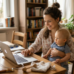Młoda mama trzymająca dziecko na kolanach i pracująca przy latopie