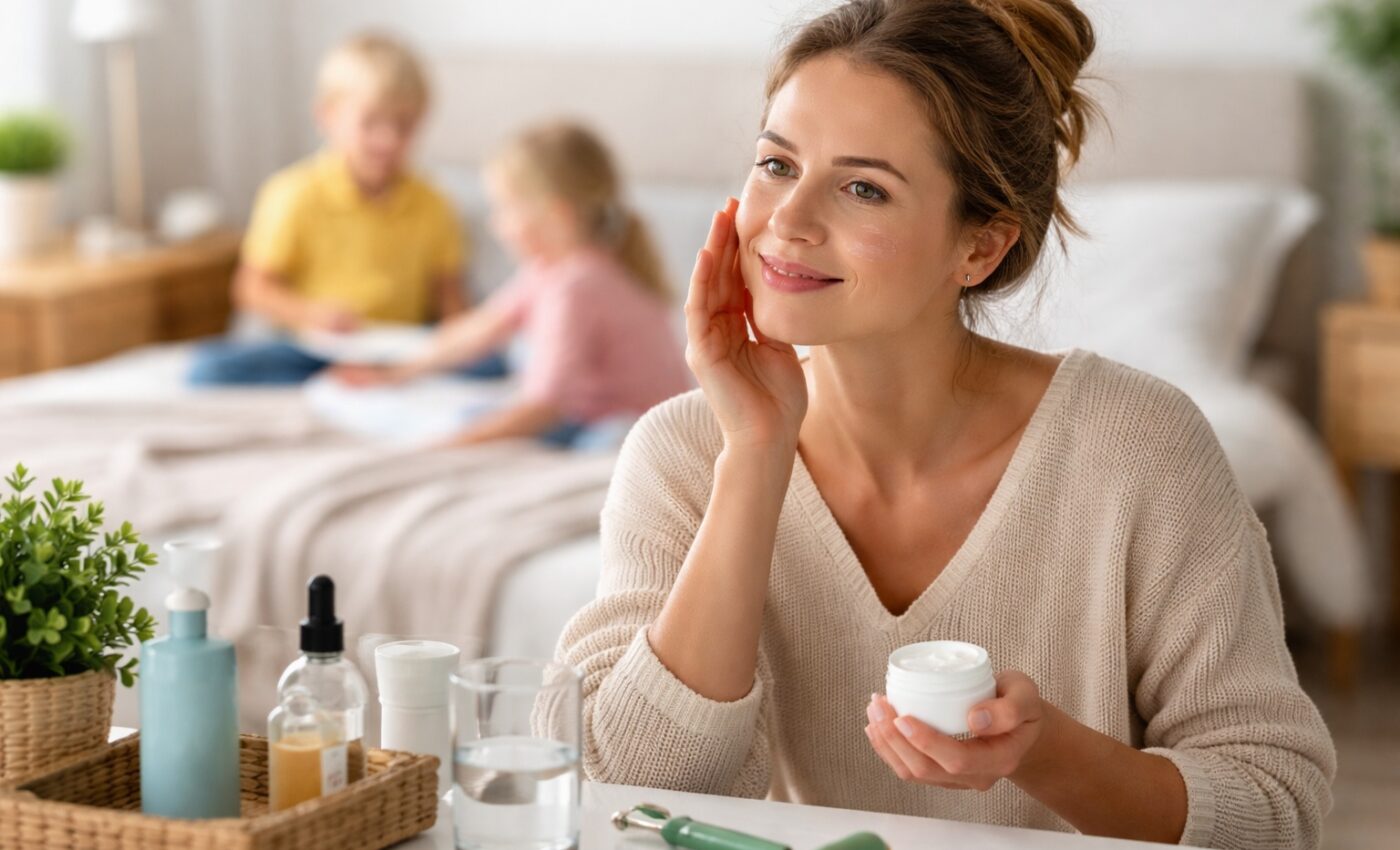 Kobieta nakładajaća krem na twarz, a w tle bawią się dzieci