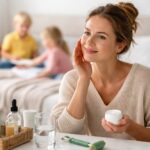 Kobieta nakładajaća krem na twarz, a w tle bawią się dzieci