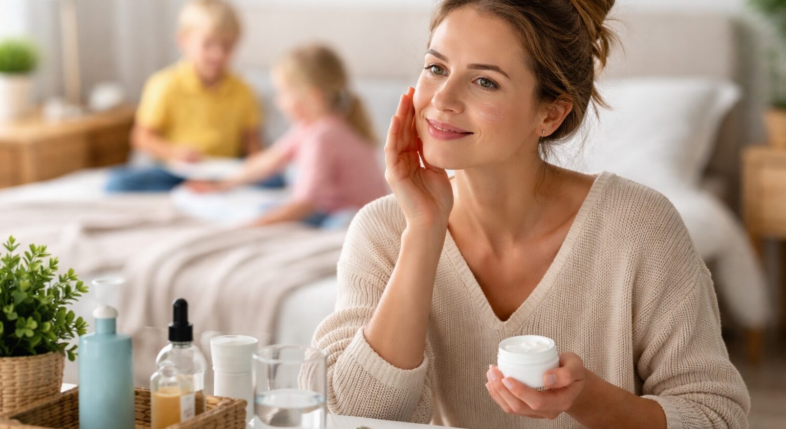 Kobieta nakładajaća krem na twarz, a w tle bawią się dzieci