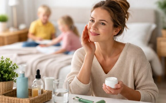 Kobieta nakładajaća krem na twarz, a w tle bawią się dzieci