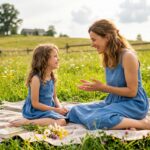 Kobieta z dziewczynką siedzą na kocu na łące. Obie są ubrane w niebieskie sukienki